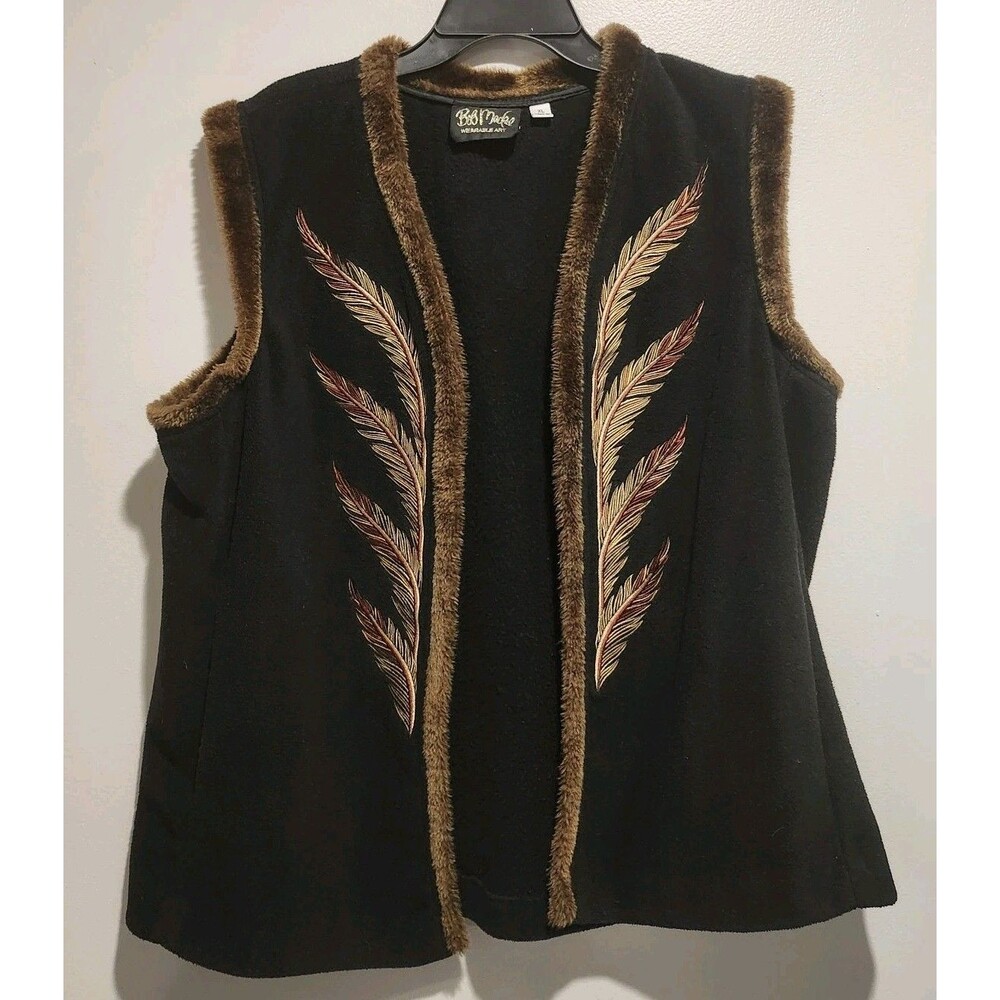 Bob Mackie Wearable Art Fur Lined Embroidered Vest Black/Brown XL Vintage